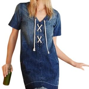 Current/Elliott Laced Up Denim Mini Dress V- Neck Short Sleeve Size XS